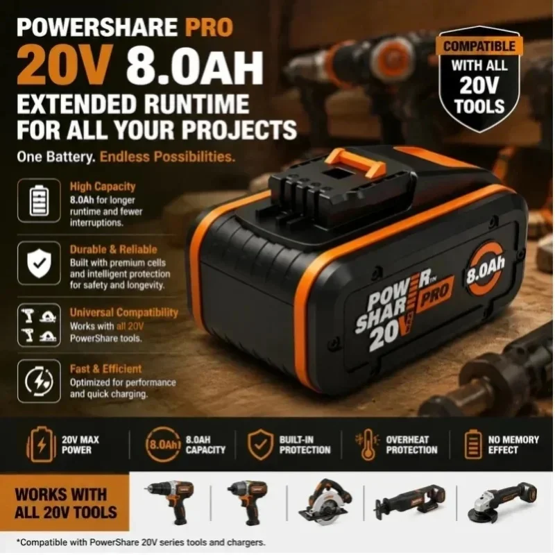 für WORX PowerShare Pro 20V 8,0 Ah Lithium-Ionen-Ersatzakku, Akku mit hoher Kapazität, 20 Volt, kompatibel mit allen kabellosen WORX 20V PowerShare-Elektrowerkzeugen, mit integriertem