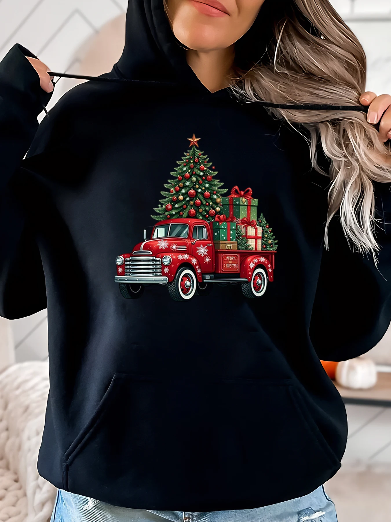 

Рождественская толстовка с принтом рождественской елки и грузовика, женская повседневная зимняя праздничная одежда, черная, больших размеров