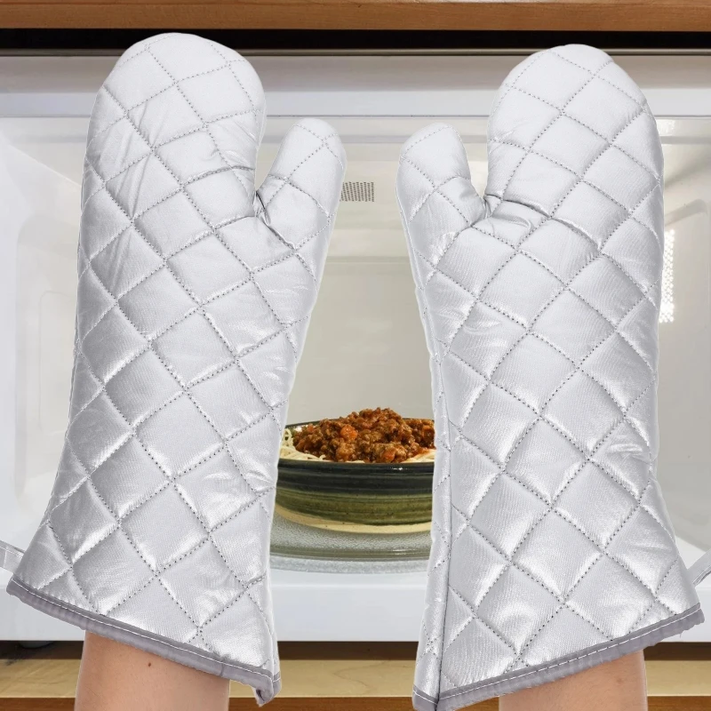 

2pcs Oven Mitts Kitchen Oven Microwave Gloves High Heat Resistant Long Oven Mitts Anti-scalding Silver Cloth Gloves