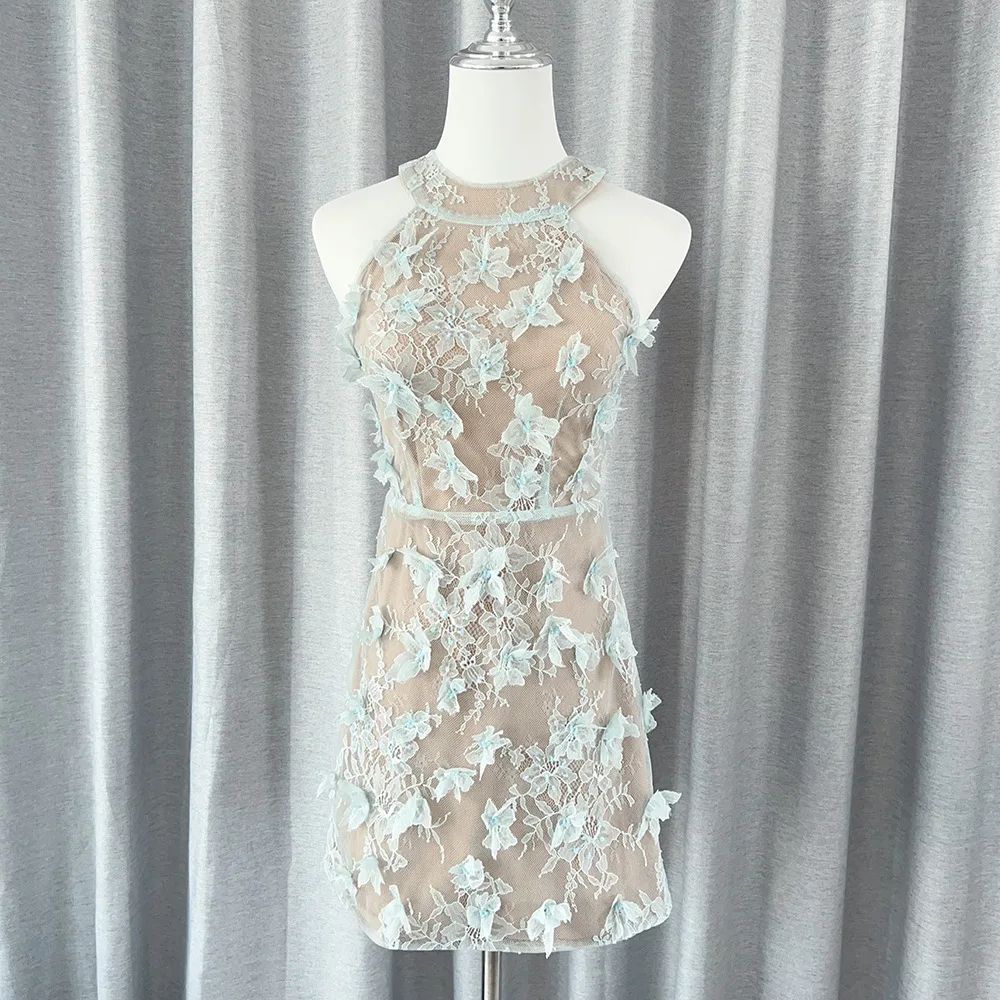 موضة جديدة المرقعة زهرة فساتين للنساء الرسن طوق أكمام عالية الخصر عارية الذراعين أنيقة فستان حفلة صغيرة الإناث