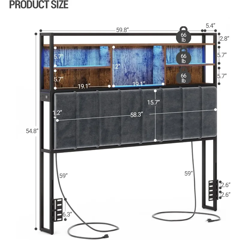 Headboard with 3-tier storage shelf, Upholstered headboard with 2 sockets, USB port and LED light