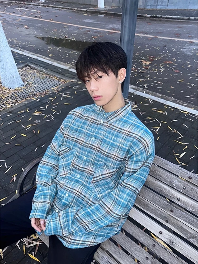 

Американская ретро синяя клетчатая свободная мужская повседневная осенняя верхняя одежда универсальное пальто Haome из смеси хлопка из полиэстера