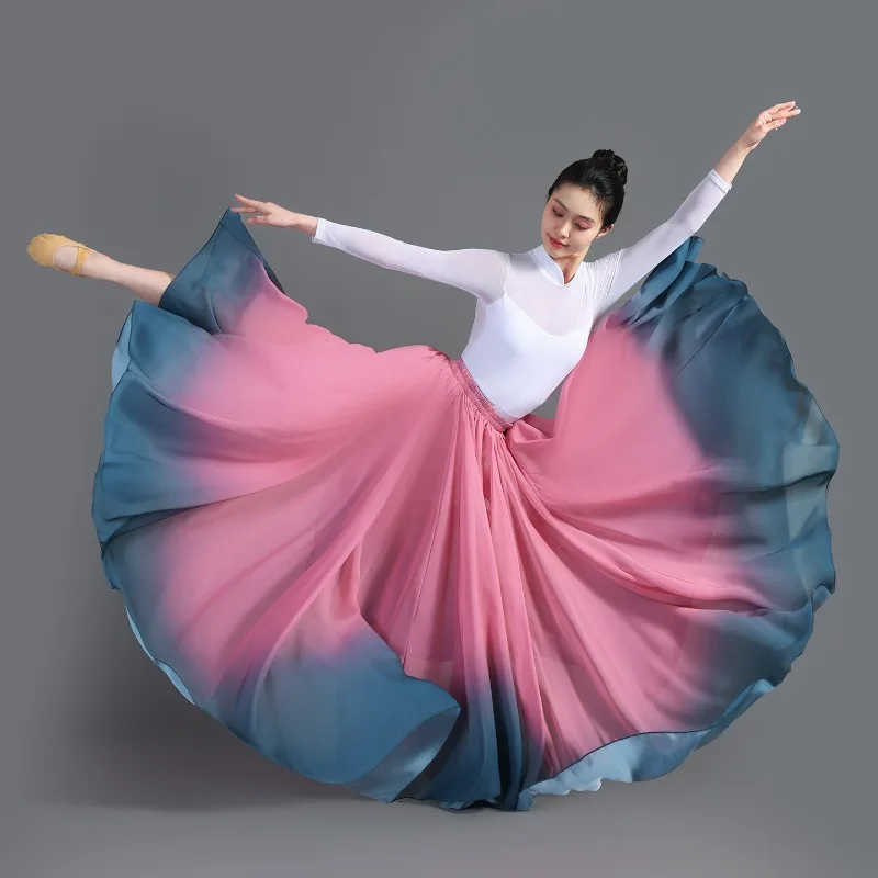 2026 New Gradient Color Super-big Hem Dance Skirt Women's Maxi Skirts Square Dancing Elastic-waist Elegant Chiffon A-line Skirts