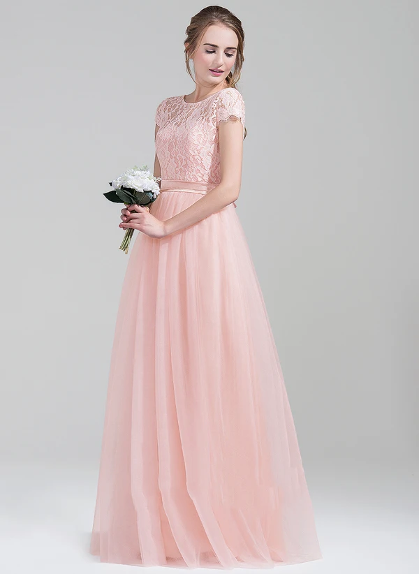 FATAPAESE Bridesmaid Dress  A-Line/Princess Scoop Neck Floor-Length Tulle Lace Wedding Guest  Dress With Bow Party Gown