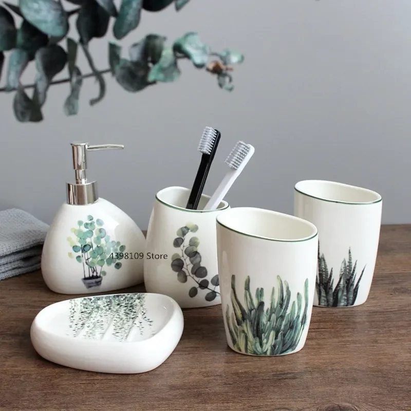 European Green Plant Ceramic Bathroom Supplies Simple Five-piece Wedding Wash Set Toothbrush Holder Lotion Bottle Melamine Tray