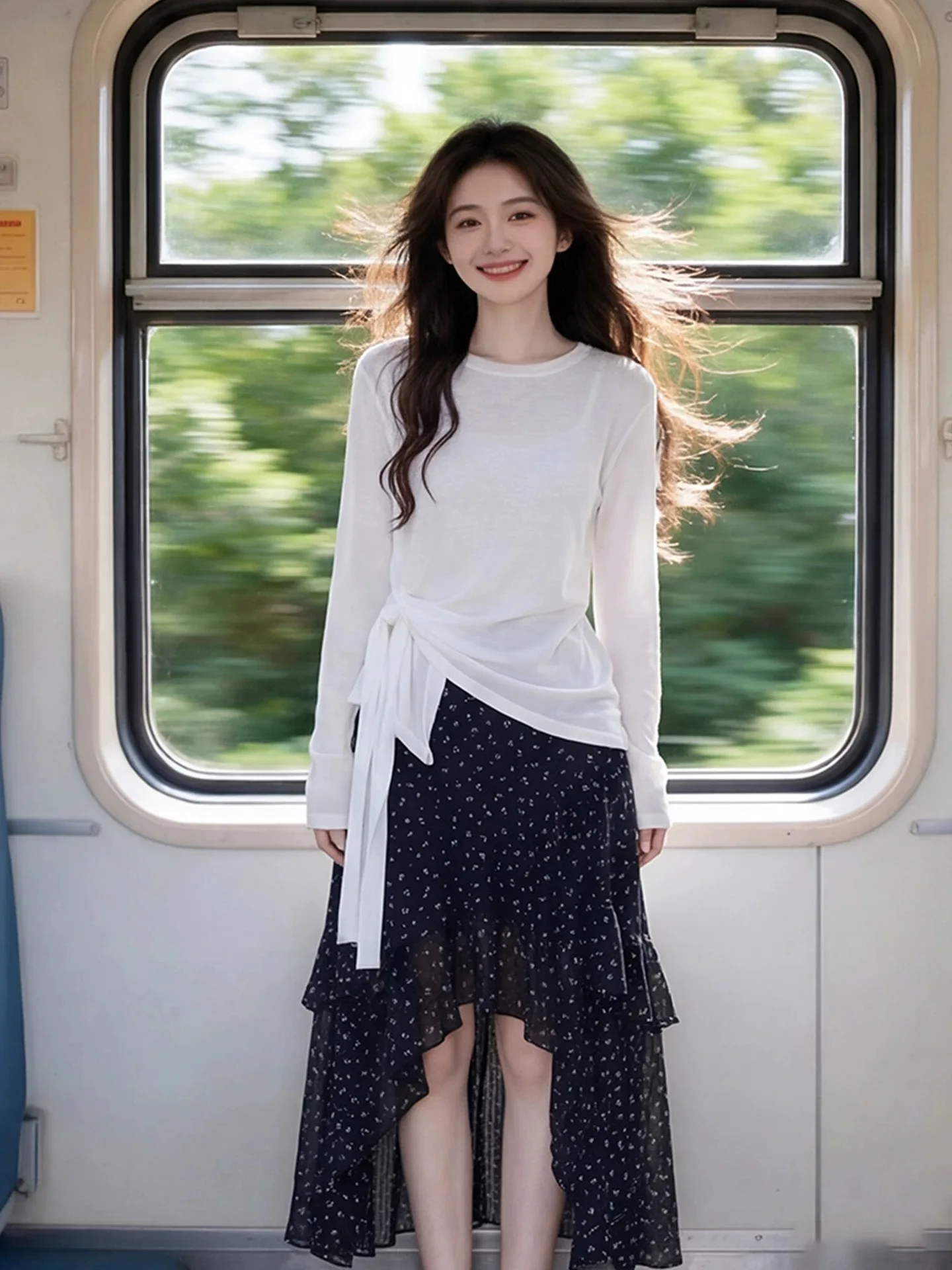 Korean Style High Waist Floral Skirt Set Women's Beautiful Long Sleeve Tied Top And Mid-Length Gown Perfect for Daily Wear