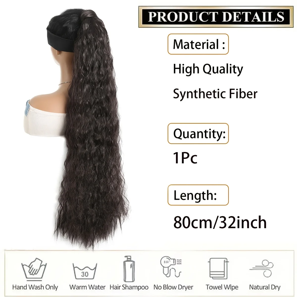 Long 32Inch Curly Wave Ponytail Extensions For Women, Seamless Design Magic Paste Wrap Around Synthetic Ponytai