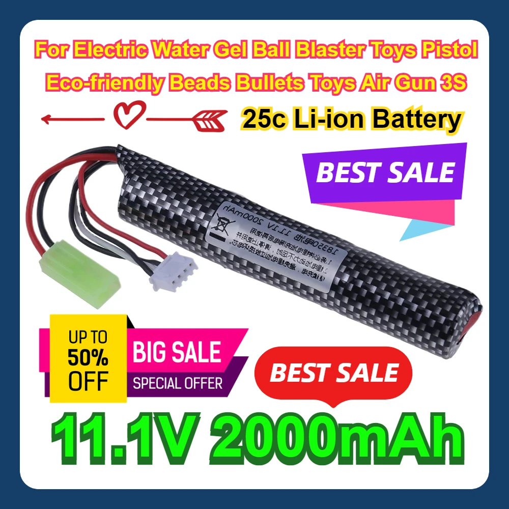 

2PCS 11.1V 2000mAh 25c Li-ion Battery For Electric Water Gel Ball Blaster Toys Pistol Eco-friendly Beads Bullets Toys Air Gun 3S