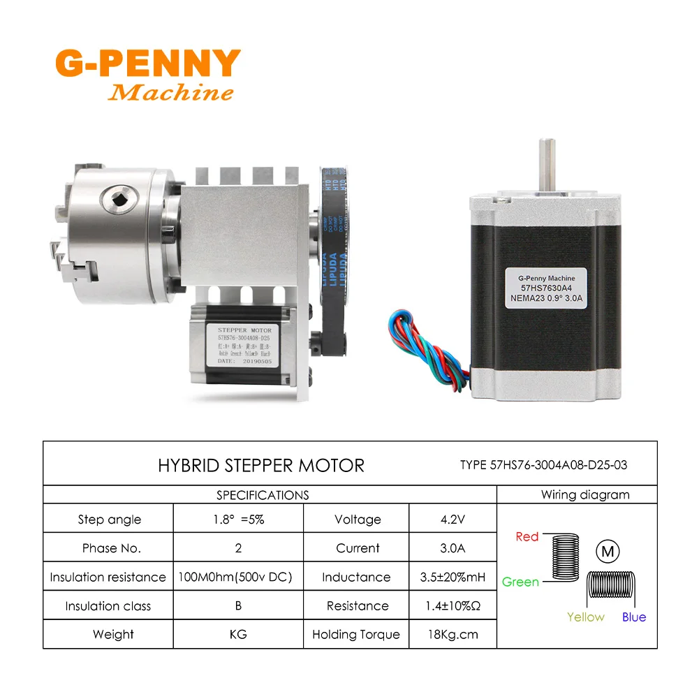 Motor paso A paso de 4 ejes para Mini máquina grabadora CNC, cabezal divisor de 100mm, eje de rotación, eje A, Nema23, 57x76mm