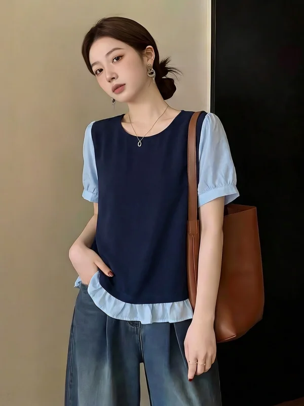

Dark Blue Bell Sleeve Shirt Women's Short Sleeve Summer New Style Age Reduction Small Shirt Fake Two-Piece Top Korean Style