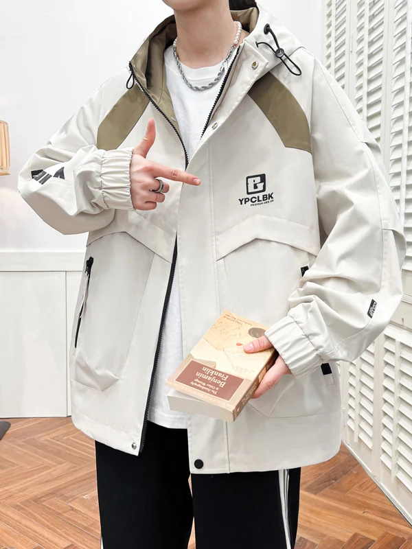 

Мужская демисезонная свободная рабочая куртка 2025 года: новая, модная, универсальная, повседневная, для студентов, ветрозащитная, на молнии, с капюшоном