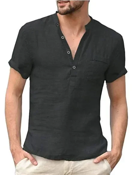 MRMT 2026 Brand New Men's T Shirt Cotton And Hemp T-Shirt For Male Stand Up Neck Button Half Open Tops Short Sleeve Tshirt