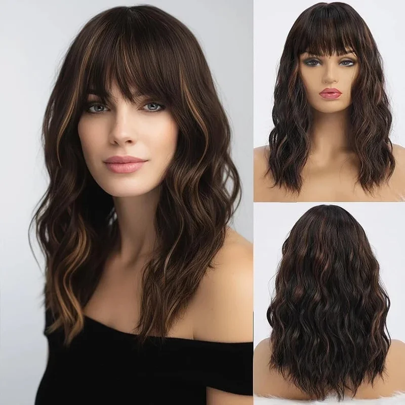 Real Hair New Fashion Beautiful Women's Long Mix Brown Wavy Wigs 16In