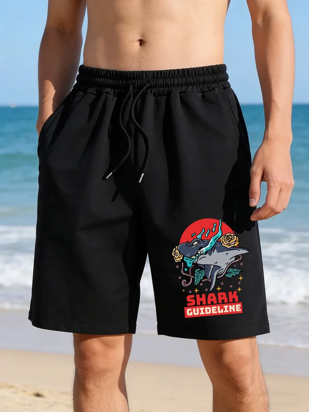 

Мужские летние повседневные широкие пляжные шорты Shark Guideline Printing Pants с карманами, базовые, с высокой талией, мужская одежда