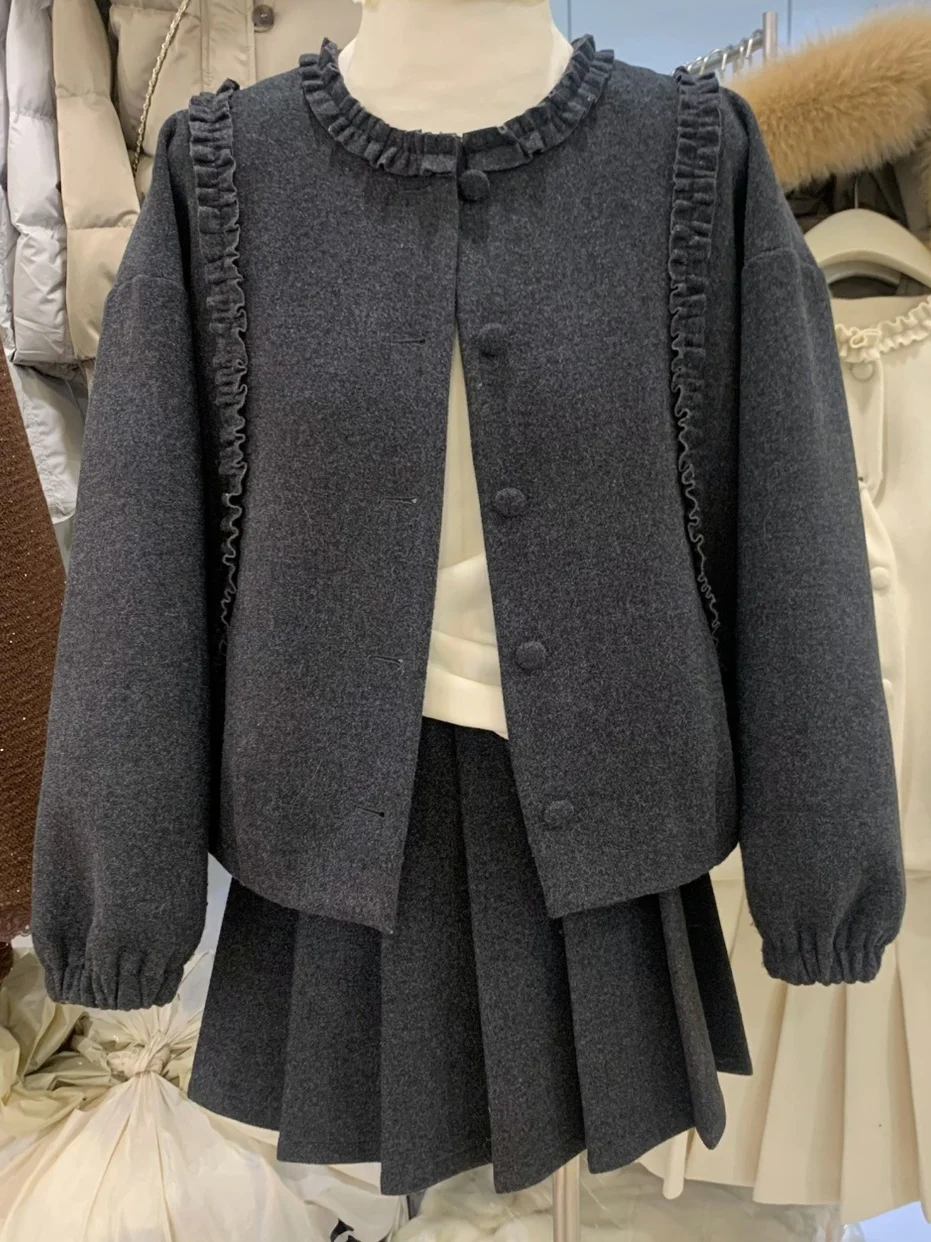 

Ele Sweet Tweed Jaet Women's Autumn Winter College Sle Versatile Pleated ort Skirt Wood ain ort Coat