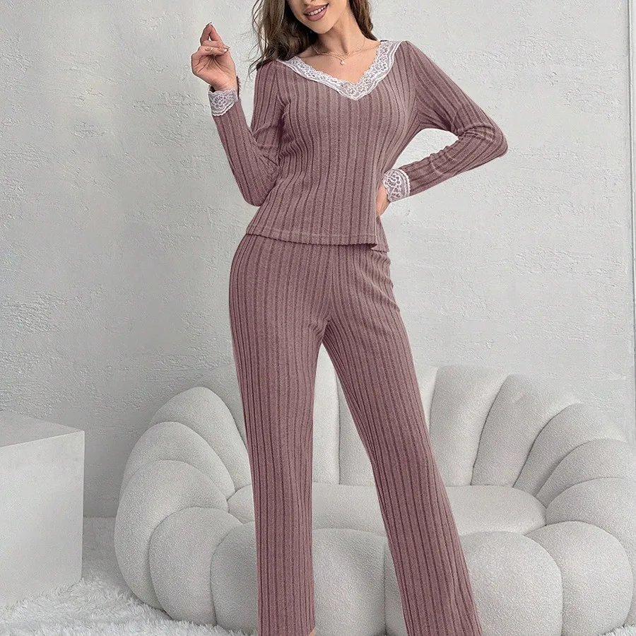 Women\'s Pajama Set Solid Pit Strip Sleepwear Lace V-neck Long Sleeves Tops Trousers Suit Elegant Casual Home Loungewear Nighties