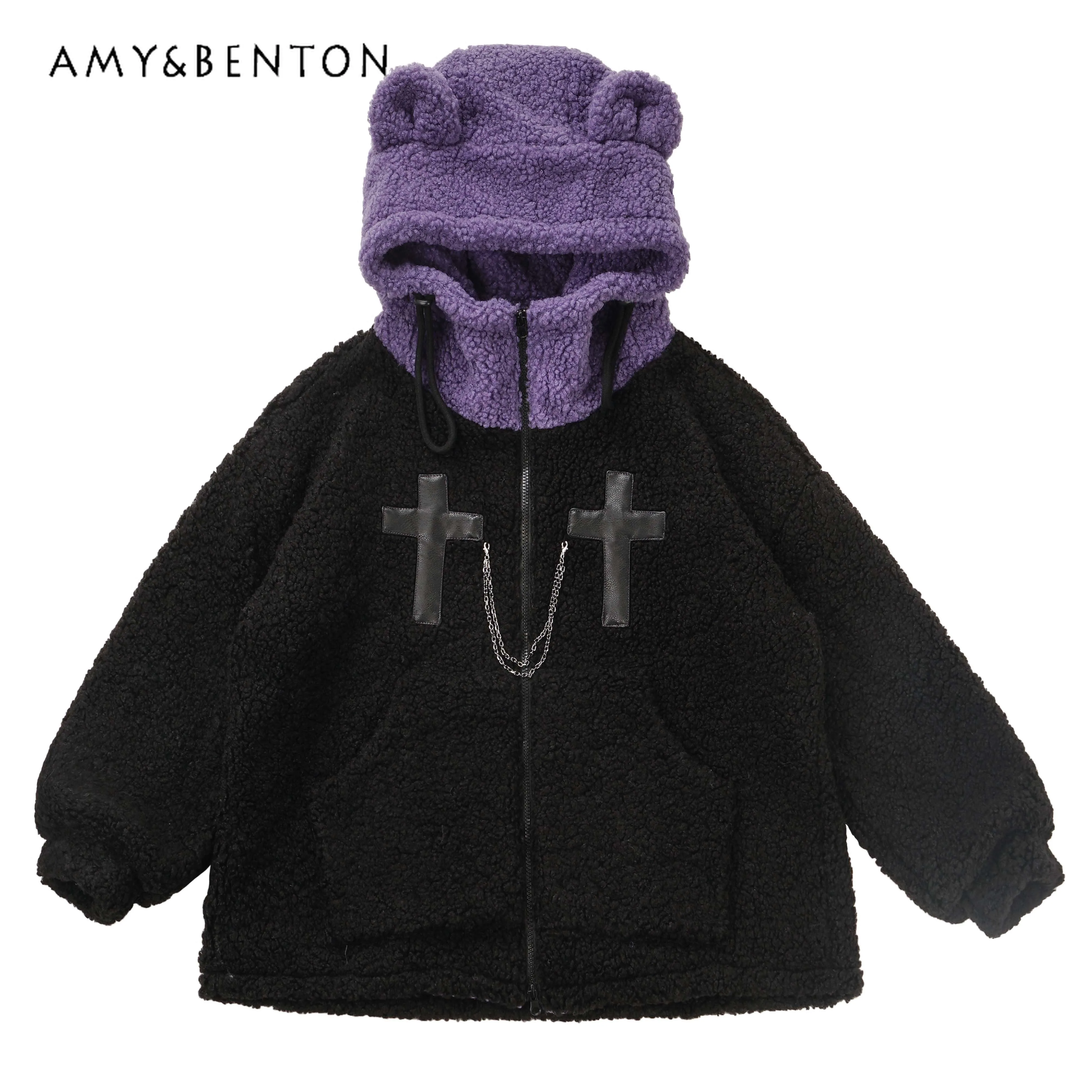 Preppy Style Sweet Cool Girl Outfits Cute Hooded Lamb Wool Coat Purple Plaid Leather Ring Mini Skirt Two-Piece Sets Winter New