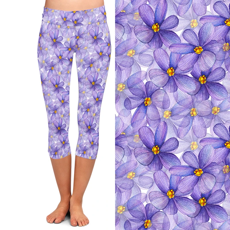 LETSFIND New Women Capri Leggings Fashion Hand-painted Purple Flowers Print High Waist Soft Stretch Mid-Calf 3/4 Pants