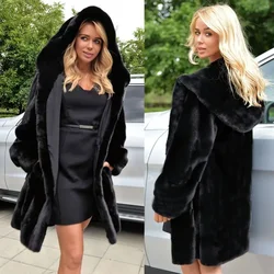 Black Faux Fur Coat for Women, Loose Hooded Coat, Thick and Warm, Elegant Streetwear, Winter Fashion
