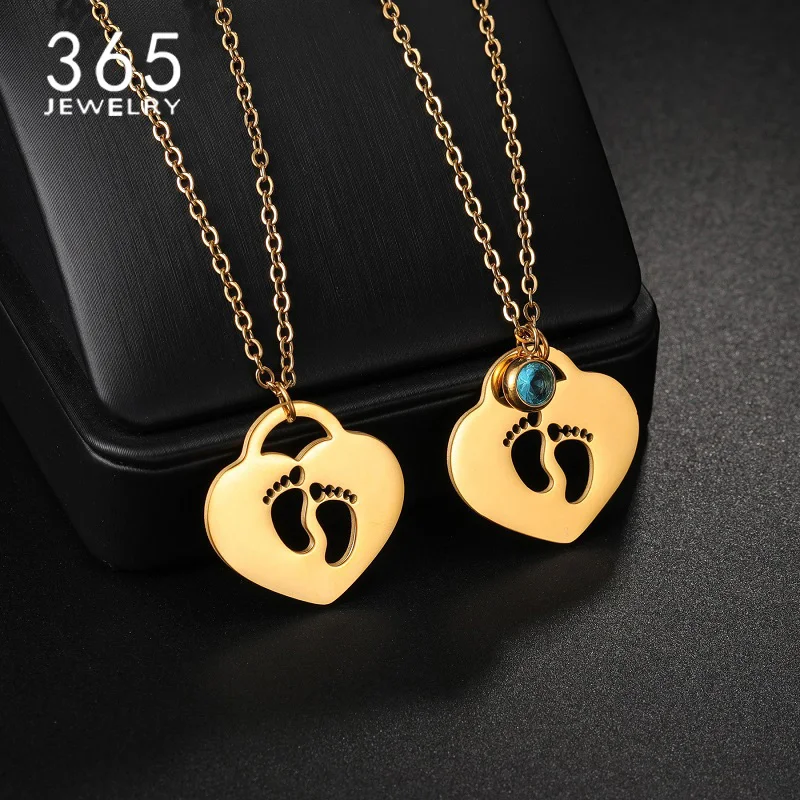 365 Personalized Hollow Footprint Style Necklace Stainless Steel Customized Love lock Pendant For Girls Gifts Baby Cute Jewelry