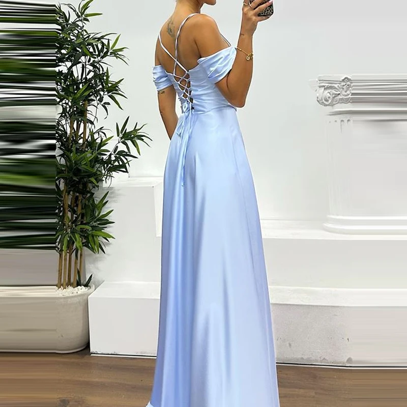 Abito elegante con bretelle drappeggiato con spalle scoperte Abiti slim solidi senza maniche sexy senza maniche Abito da festa lungo in raso a vita alta