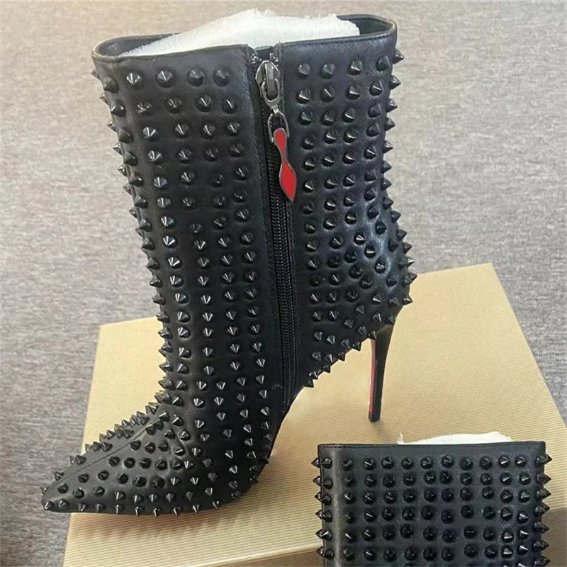 Rivet Short Boots Stiletto High Heels Ankle Boots Women\'s 2024 Spring and Autumn Leather Side Zipper Fashion Shoes High Quality