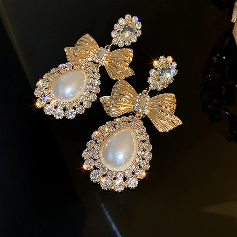 FYUAN Vintage Gold Color Bowknot Crystal Earrings for Women Oversize Water Drop Pearl Dangle Earrings Statement Jewelry