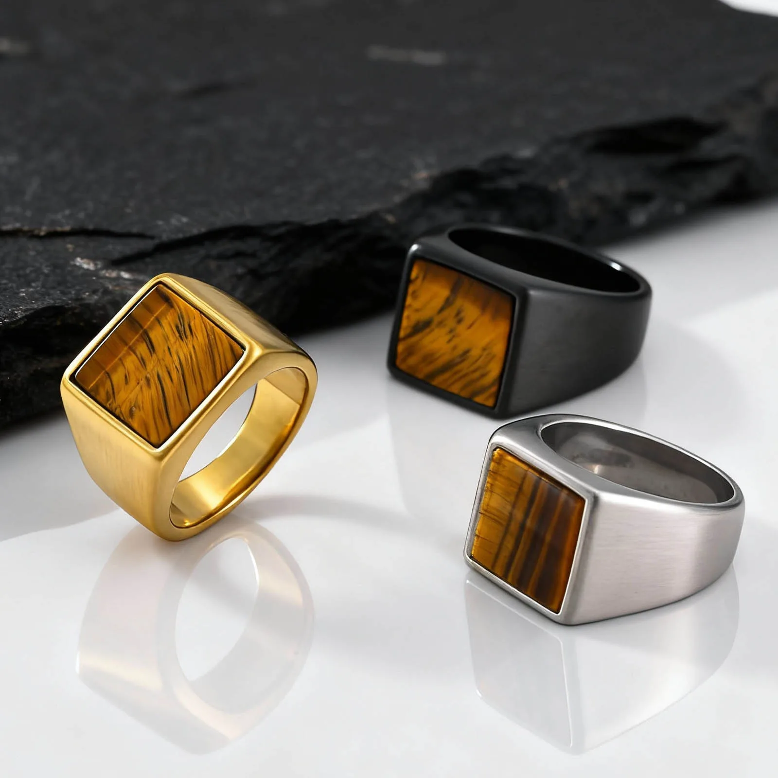 Bague en pierre œil de tigre pour hommes et garçons, bague signet en acier inoxydable avec pierre naturelle marron, bague carrée, bijoux de fête élégants, cadeau