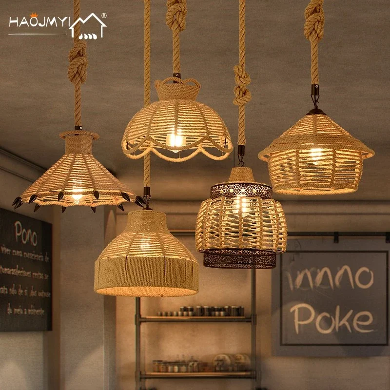 American Country Hemp Rope Pastoral Chandelier Creative Personalized Restaurant Hot Pot Milk Tea Shop Retro Industrial Style