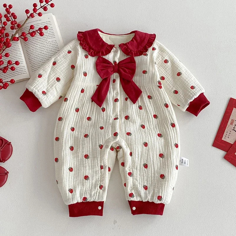 2025 New Winter 0-24M Toddler Baby Girl Thicken Warm Romper Long Sleeves Dot Print Jumpsuit Children Thicken Warm Clothing