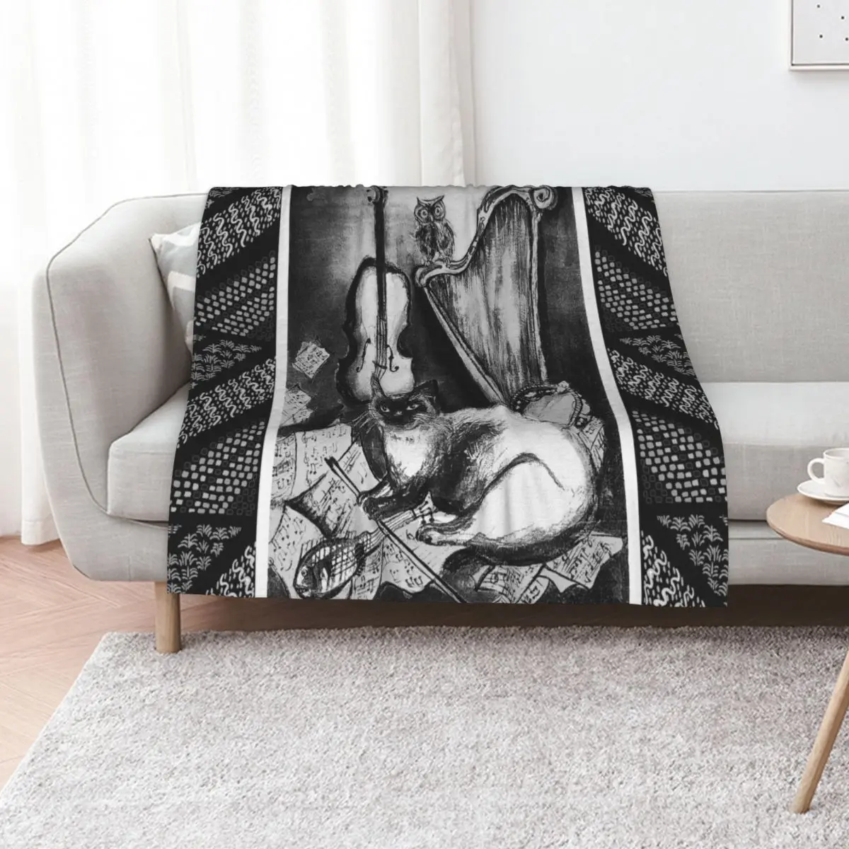 MUSICAL CAT AND OWL WITH MUSIC INSTRUMENTS Black and White Throw Blanket Thermals For Travel Fashion Sofas Soft anime Blankets