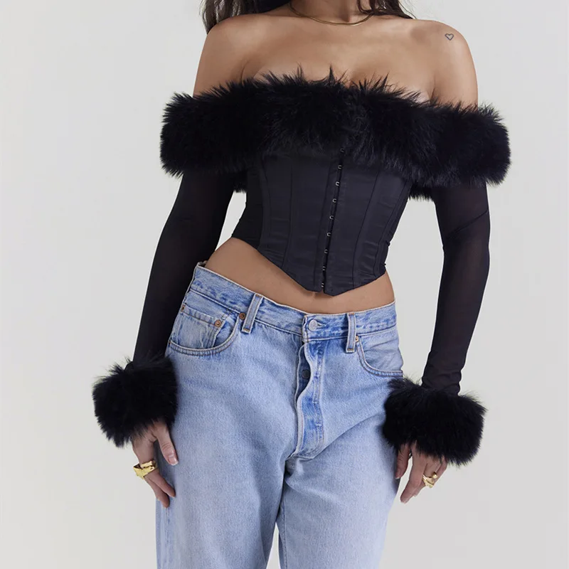 Bare Shoulder Long Sleeve Blouse Women Sexy Boned Corset Crop Tops Feather Lingerie Shapewear Bustier Chic Slim Body Shaper Cami