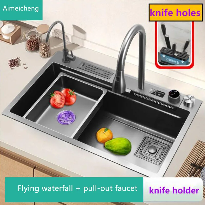 

Stainless Steel Kitchen Sink with Faucet and Knife Holder, Rain Waterfall Style, Single Manual Basin