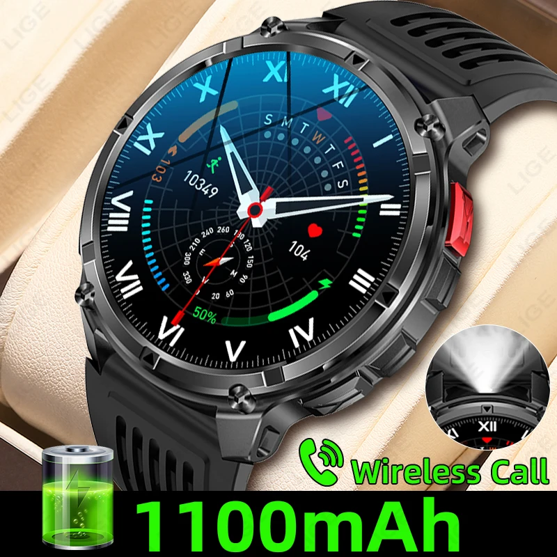 LIGE Jam Tangan Pintar Olahraga Luar Ruangan Baterai 1100mAh Pria Senter LED Kompas Detak Jantung IP68 Tahan Air Panggilan Bluetooth Smartwatch