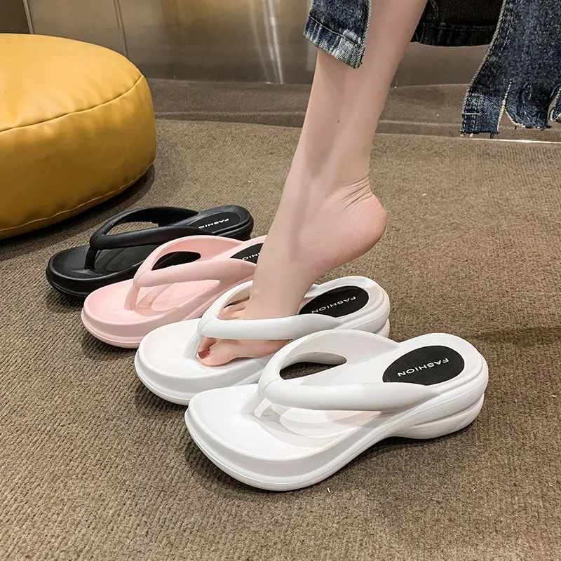 6CM Women Fashion High Heeled Slippers Summer Female Wedges Flip Flops Clip Thick Platform Sandals Beach Shoes Outdoor Slides