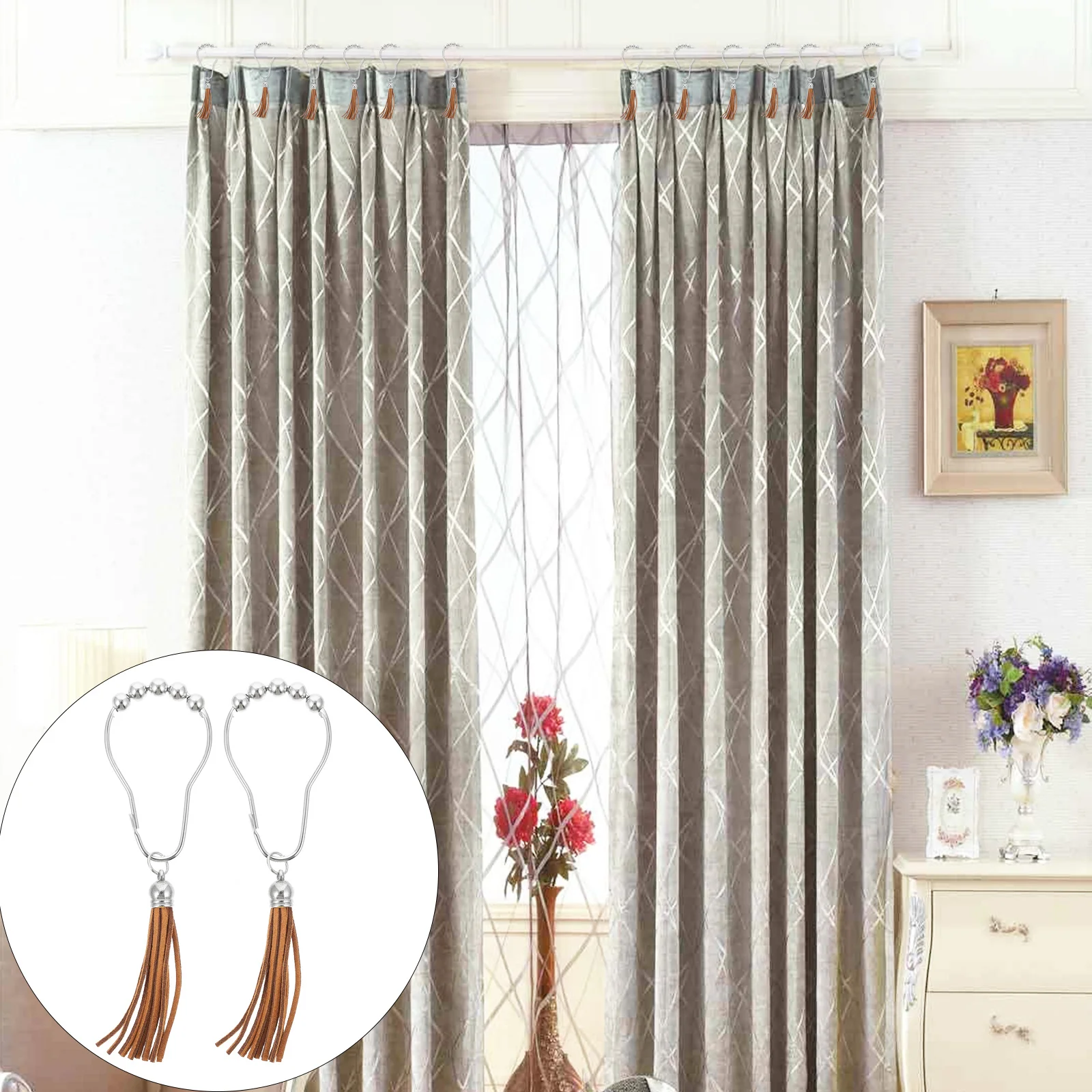 

12 Pcs Hook up Tassels Crochet Chic Stainless Steel Satin Nickel Shower Curtain Hooks Hanger