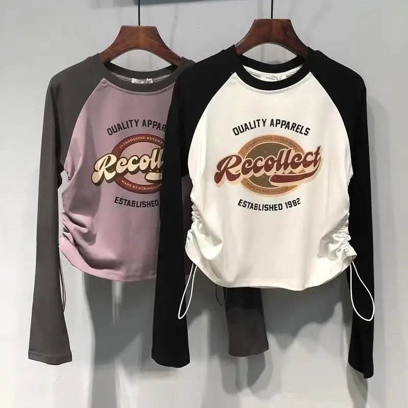 Teen Girls Spring and Autumn Letter Printing Long sleeved T-shirt Slim Fit Drawstring Children\'s Bottom Shirt Round Neck Top
