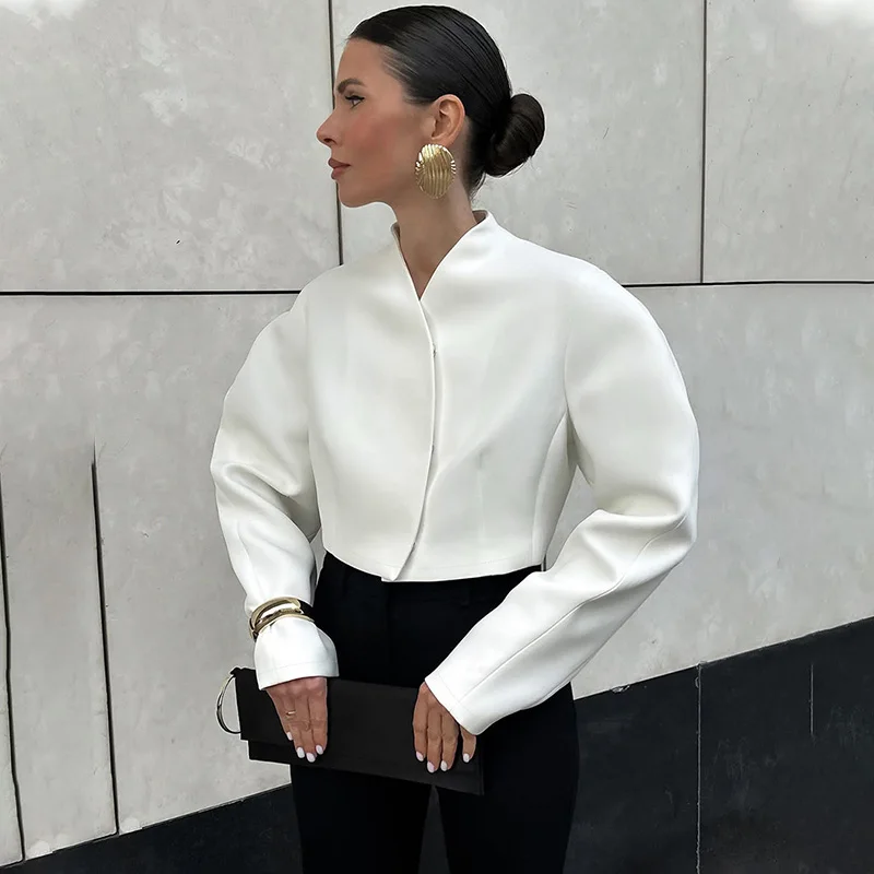 

TARUXY элегантное однотонное короткое пальто с v-образным вырезом женское однобортное свободное пальто с длинными рукавами модный кардиган для отдыха осенняя уличная куртка