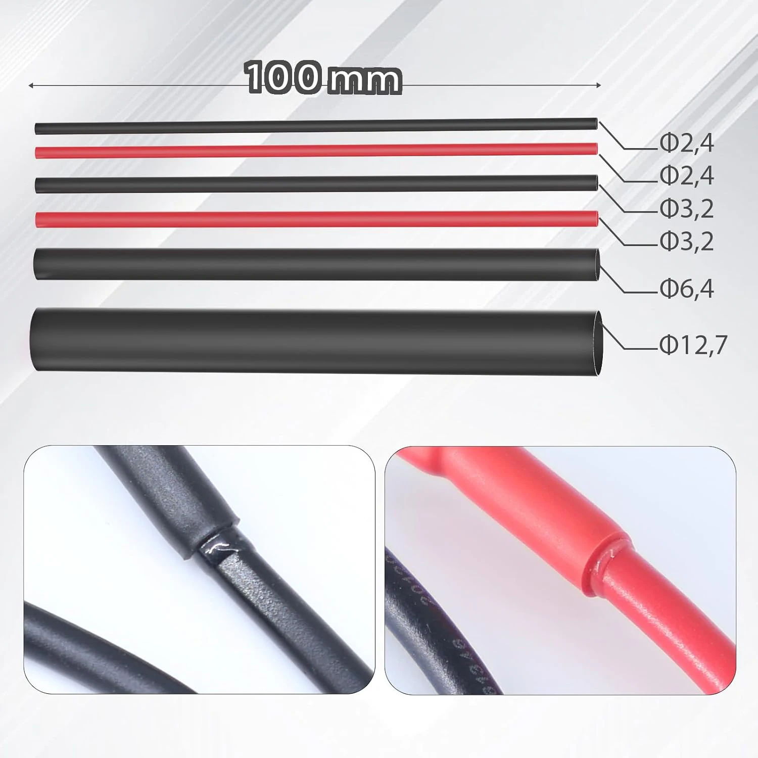 140 Pcs Heat Shrink Tubing - 3:1 Adhesive Lined Shrinkable Wire Wrap Tube 10cm each Black Red Ø12.7/6.4/3.2/2.4 mm Industrial