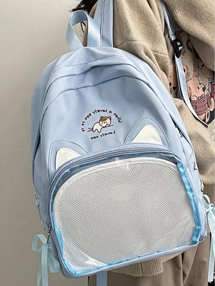 Kawaii Cat Mochilas de Nylon Transparente para Meninas, Mochilas de Viagem Casual para Estudantes do Ensino Médio e Meninas, Moda