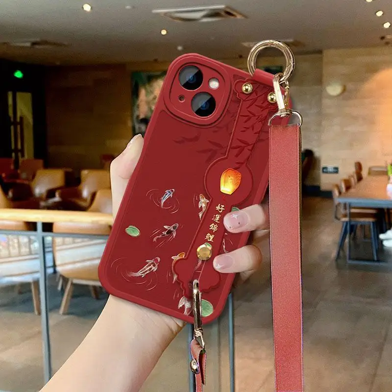 For  Red Tree Koi Lake Iphone 15/14 Wrist Silicone Phone Case 13/12 Promax With Hanging Strap Xs/Xl Women 7P