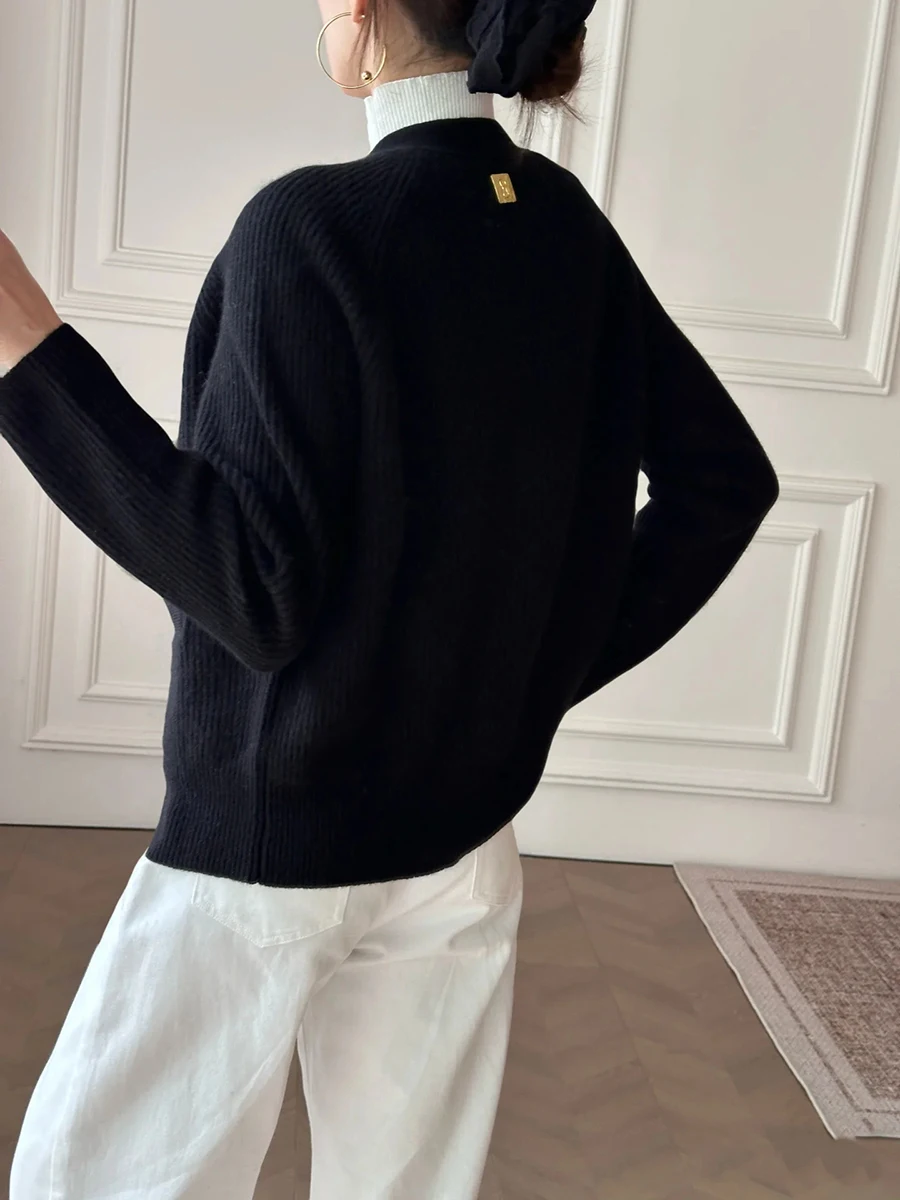 VGH Casual Nozioni di base Tasche impiombate Maglione sottile per le donne Scollo a V Maniche lunghe Patchwork Bottoni in metallo Cardigan Donna Autunno Nuovo