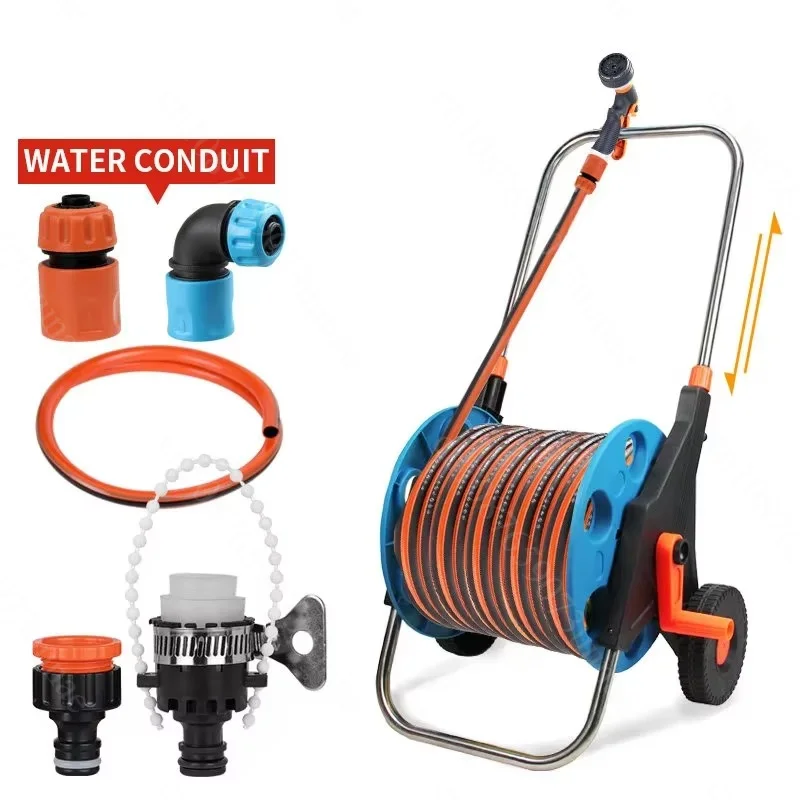 Hand Crank Hose Reel Cart, Garden Water Hose Storage Holder with 40m 50m Water Gun Kit for Home Watering Plants