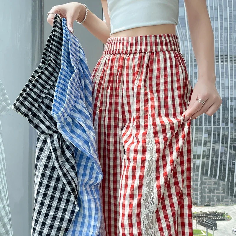 Korean Fashion Plaid Wide Leg Pants Women Summer New Casual Lace Patchwork Baggy Pants High Quality Straight Trousers Woman
