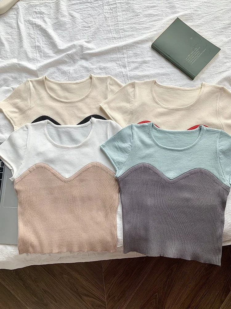Slim Fit Short Sleeve Knitted T-Shirt Women's Summer New Style Korean Design Sensation Color Block Short Length Top