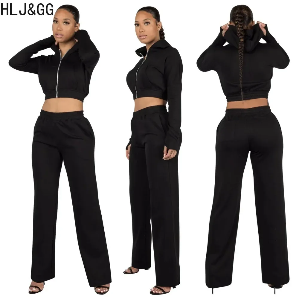 

HLJ&GG Black Casual Hooded Wide Leg Pants Two Piece Sets Women Zipper Long Sleeve Crop Top + Pants Tracksuit Female 2pcs Outfits