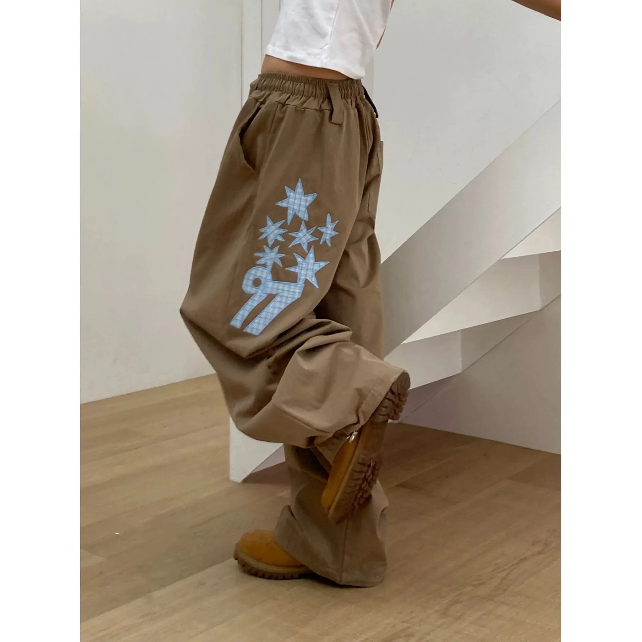 Loose Wide Leg Pants Star Embroidery Canvas Thick Diagonal Stripe Knife  Pants Long Trousers Autumn Winter New Arrival