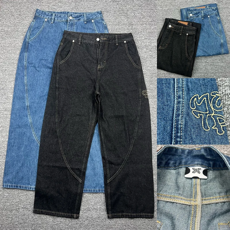 

Streetwear Men's Mertre Jeans Retro Casual High Quality Letter Embroidered Splice Denim Trousers