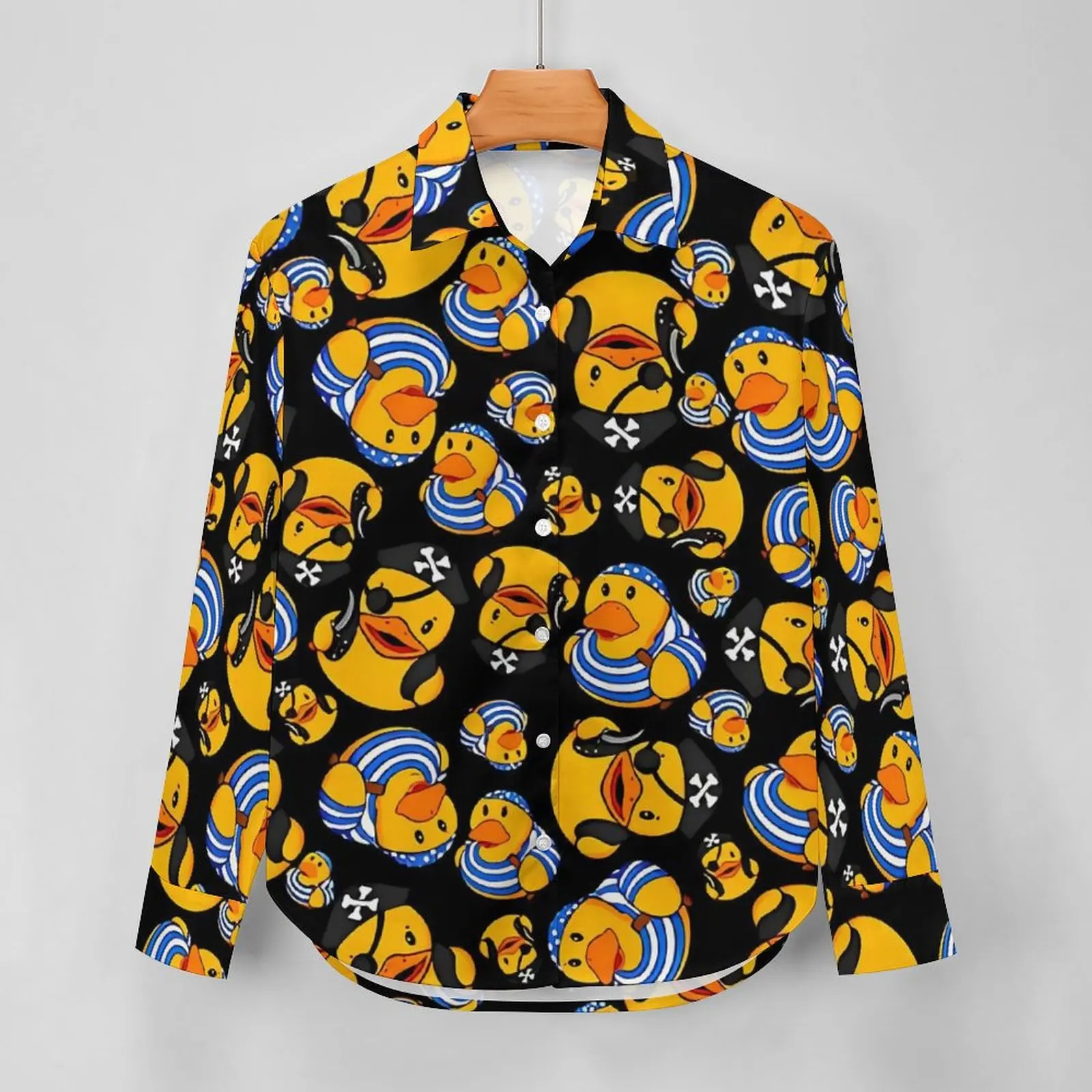 Pirate Rubber Ducks Print Blouse Womens  Streetwear Loose Blouses Long-Sleeve Vintage Shirt Pattern Top Big Size