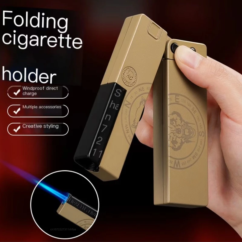 2-in-1 Creative Folding Gun Type Cigarette Case Butane Gas Lighter 10 Fine Cigarette Packs Windproof Jet Blue Flame Fun Lighters